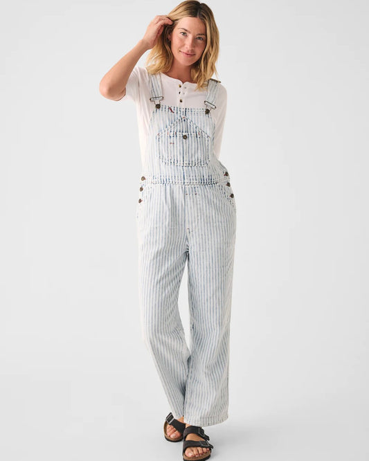 Model wearing Faherty Topsail Overall in blue and white wearing black sandals on a white background