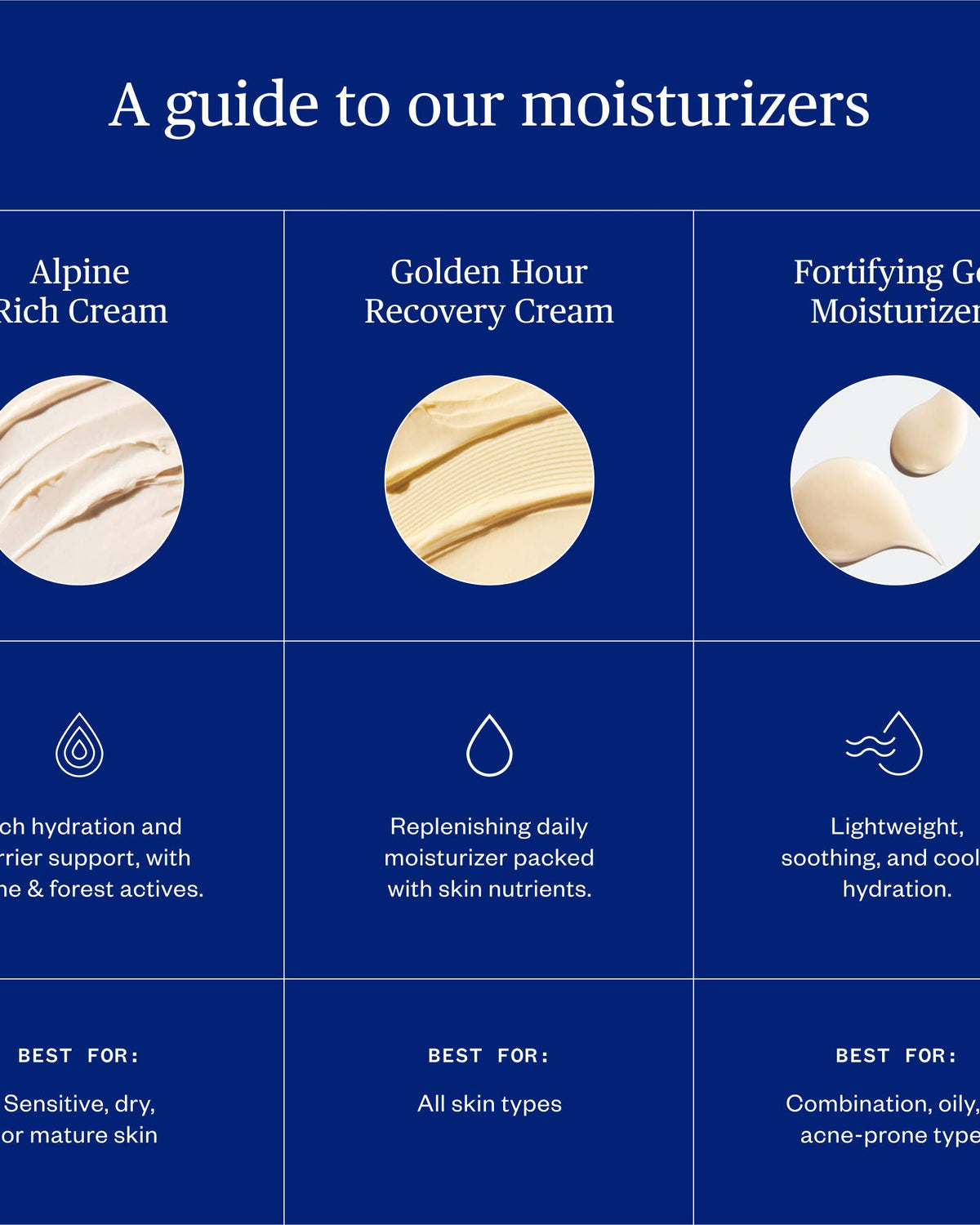 Chart of moisturizers with images and descriptions on a blue background