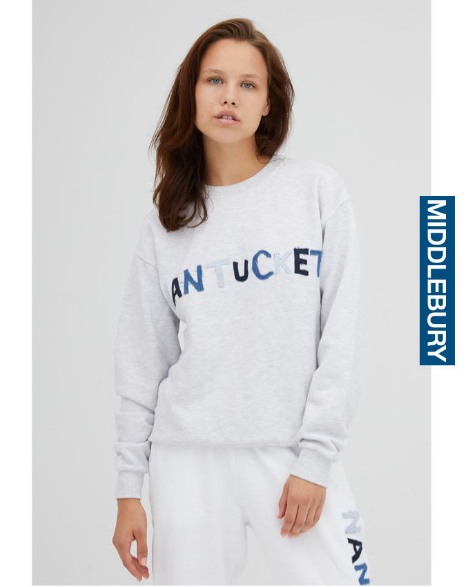Model wearing Unemployed Denim Letter Sweatshirt in gray saying MIDDLEBURY on a white background