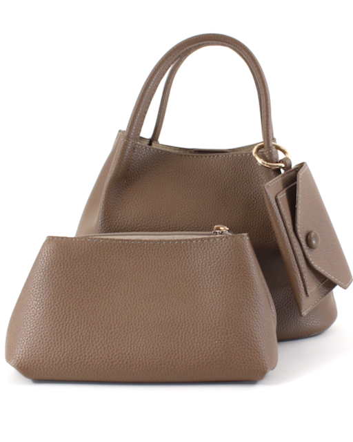 Brown handbag with matching pouch on a white background