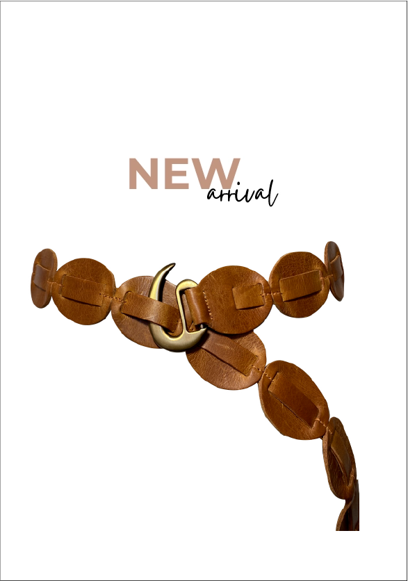 Brown leather belt with gold buckle labeled 'New Arrival' on a white background