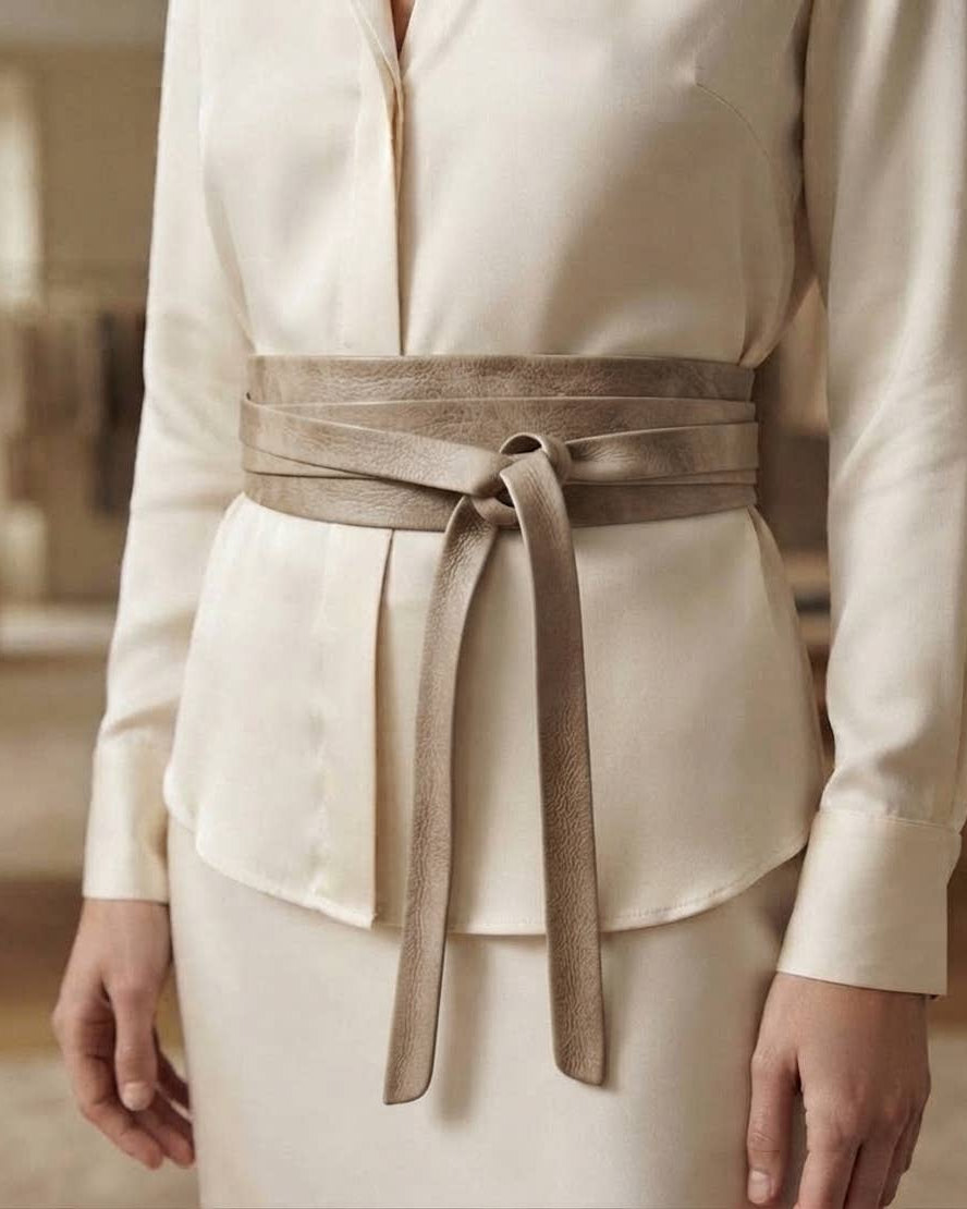 A close-up of a model wearing a cream-colored blouse and skirt with a wide taupe-brown suede belt tied at the waist.