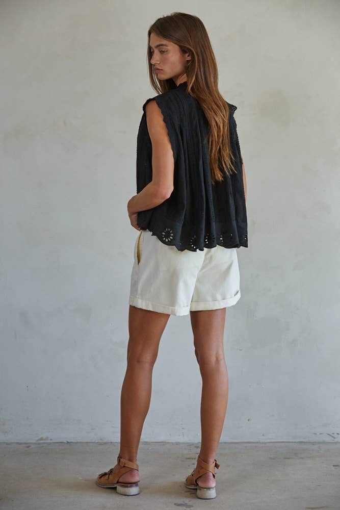 Cotton Eyelet Buttondown S/L Top: Black