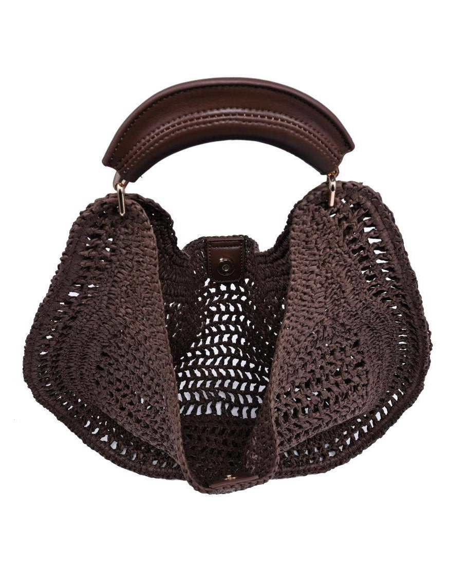 Brown woven handbag with a textured handle on a white background