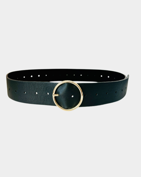 Black belt with a gold buckle on a light gray background