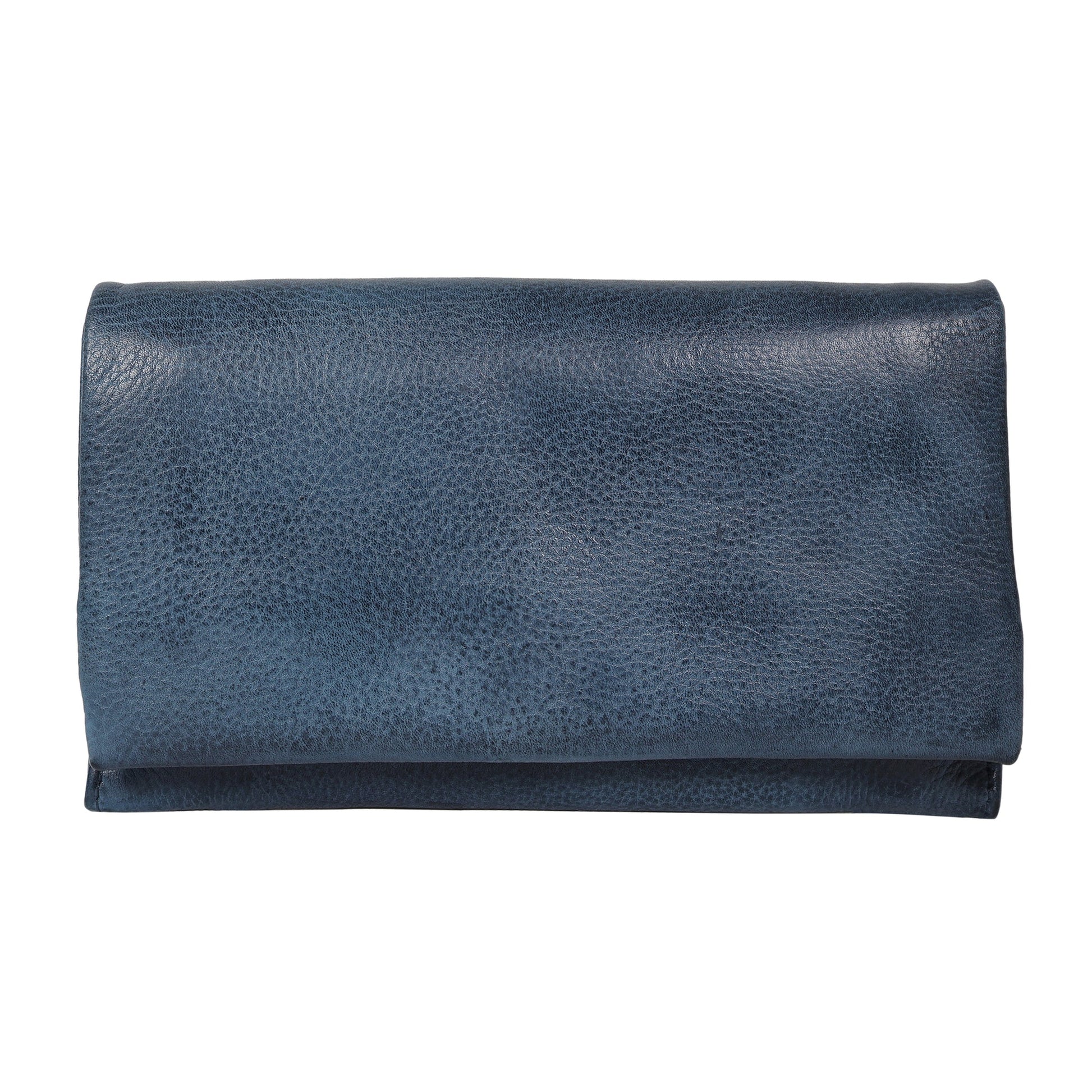 Blue leather clutch bag on a white background