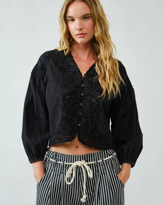 Denim Embroidery Top / Black