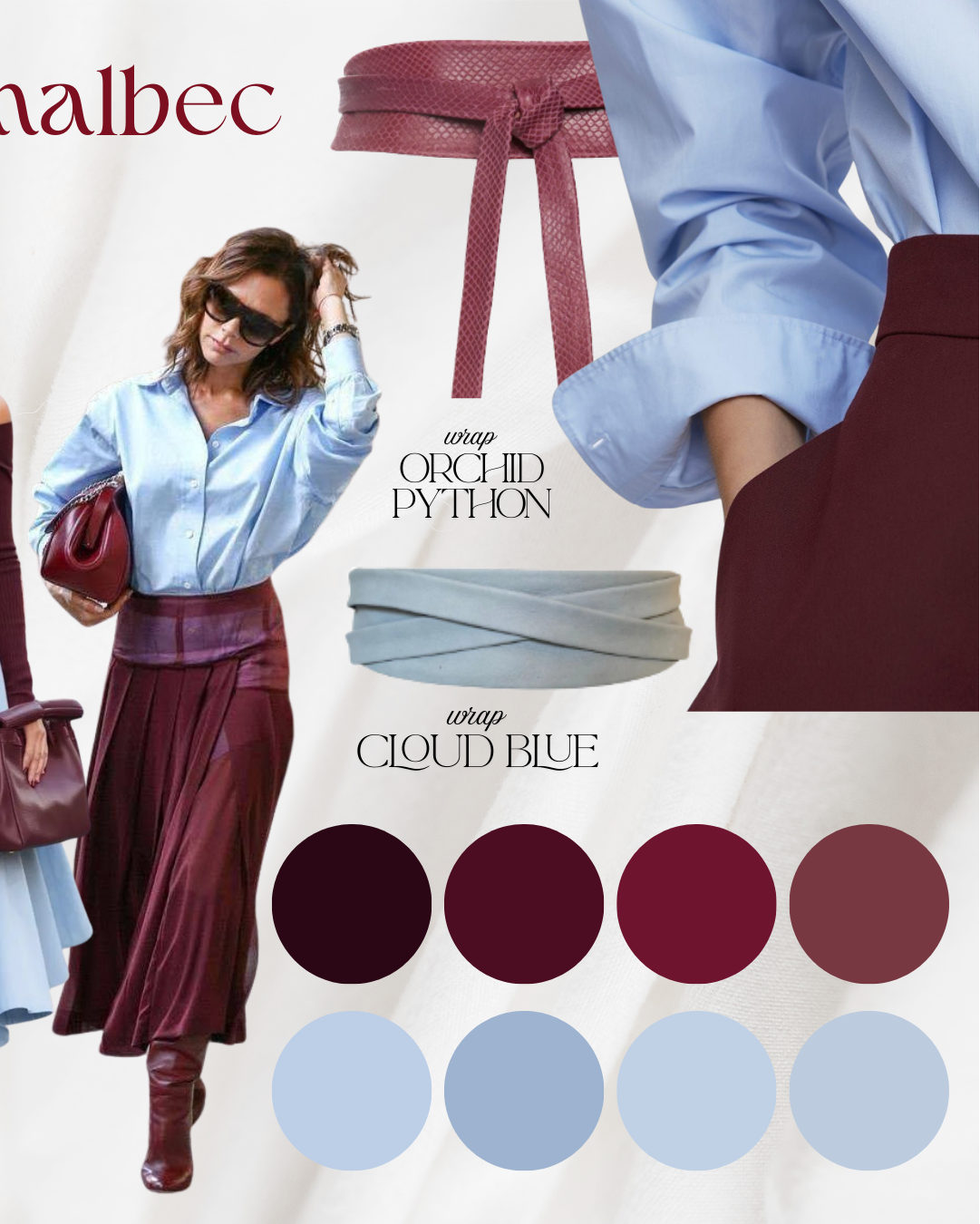 Fashion collage with two women modeling outfits in 'cloud blue' and 'malbec', with color swatches and clothing items displayed.
