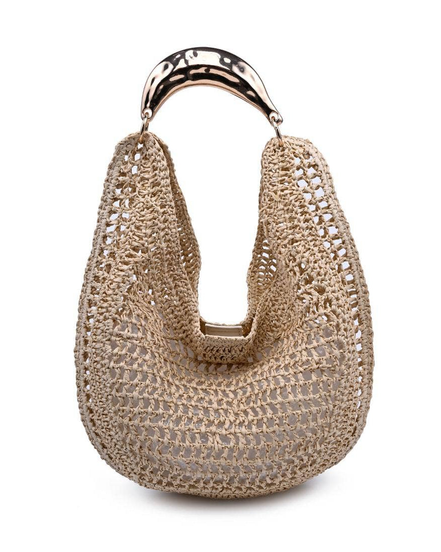 Beige woven handbag with a gold handle on a white background