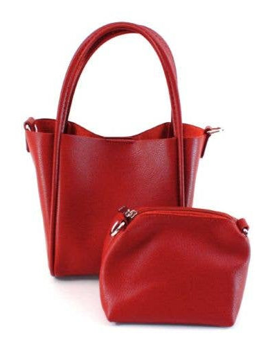 Red handbag with matching small pouch on a white background