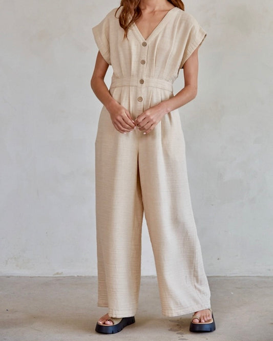 Model wearing By Together Button Down Wide leg Jumpsuit on a white background