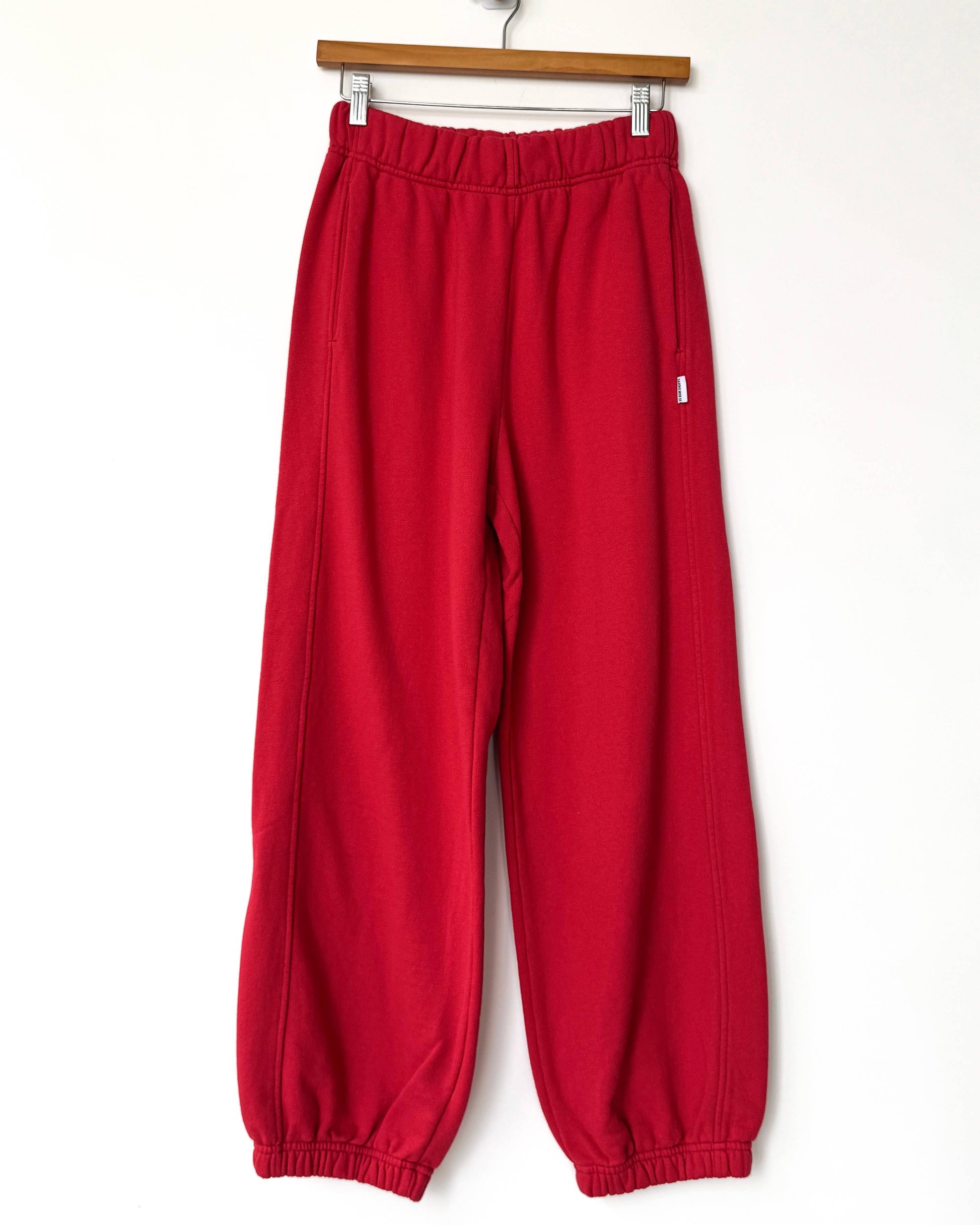 Red sweatpants hanging on a wooden hanger against a white background