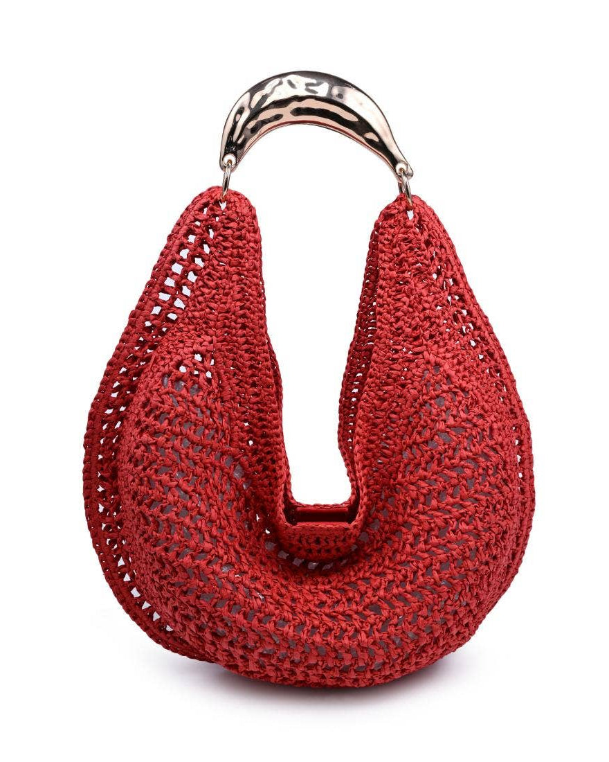 Red woven handbag with a metallic handle on a white background