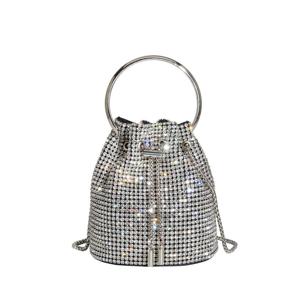 Image of Melie Bianco Kasee Crystal Top Handle Bag in silver on a white background