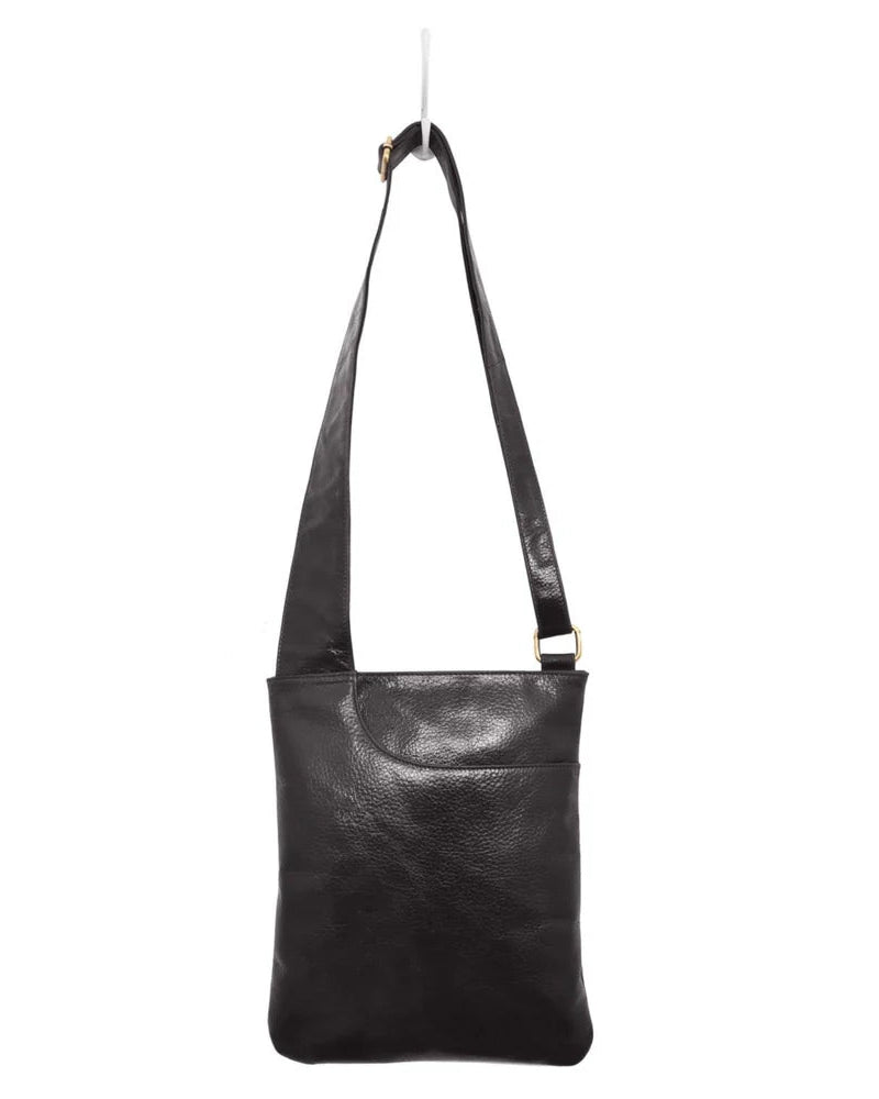 Black leather shoulder bag on a white background
