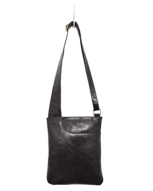 Black leather shoulder bag on a white background