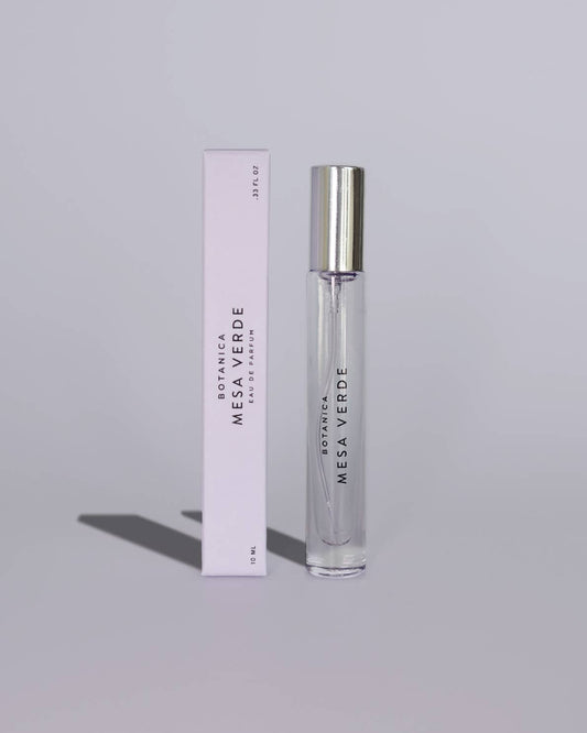 Mesa Verde perfume bottle and packaging on a gray background