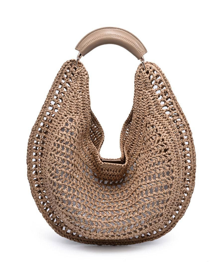 Brown woven handbag with a beige handle on a white background