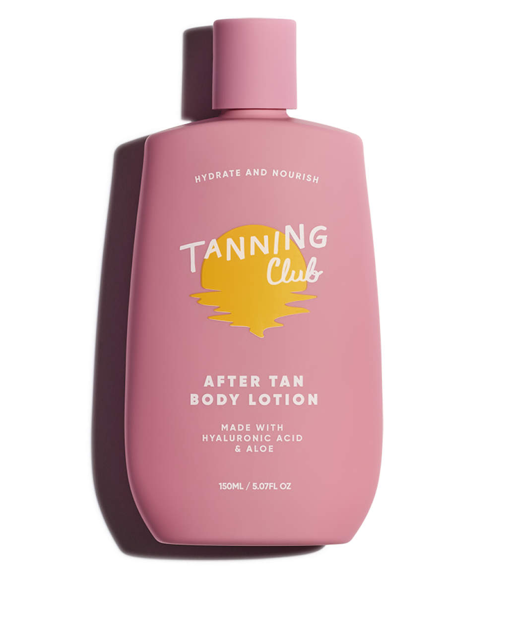 Pink bottle of Tanning Club after tan body lotion on a white background