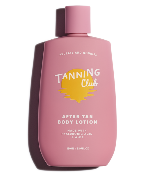 Pink bottle of Tanning Club after tan body lotion on a white background