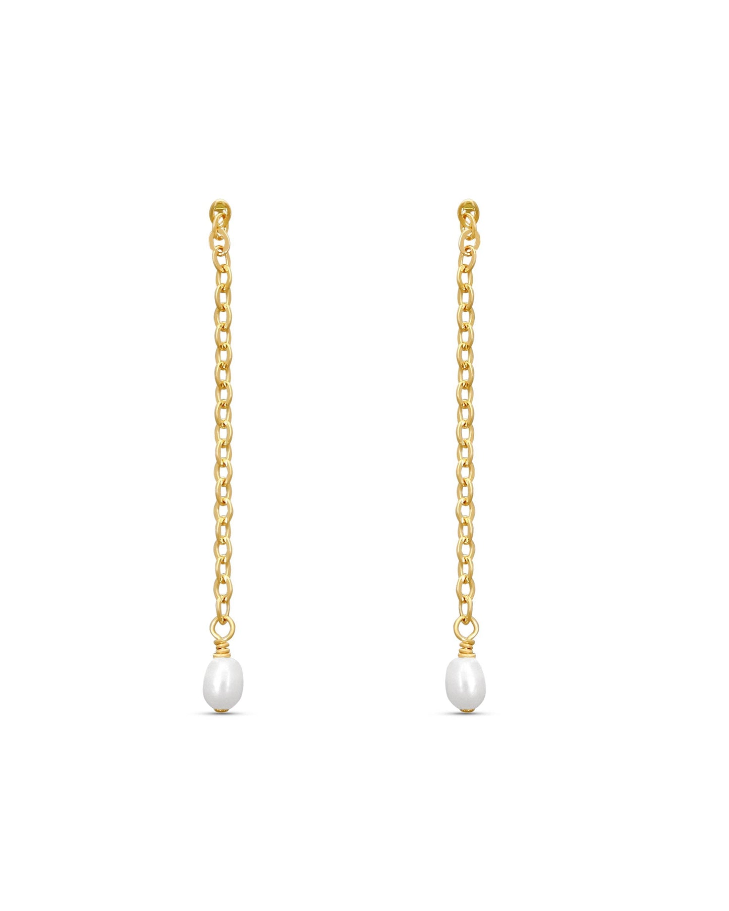 Gold chain earrings with pearl drops on a white background