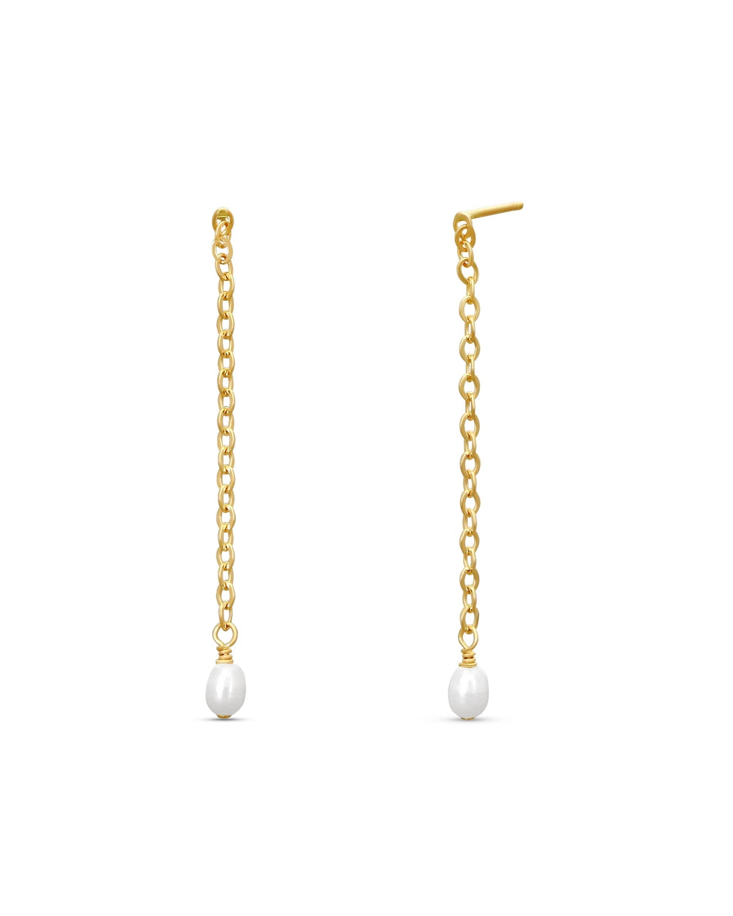 Gold chain earrings with pearl drops on a white background