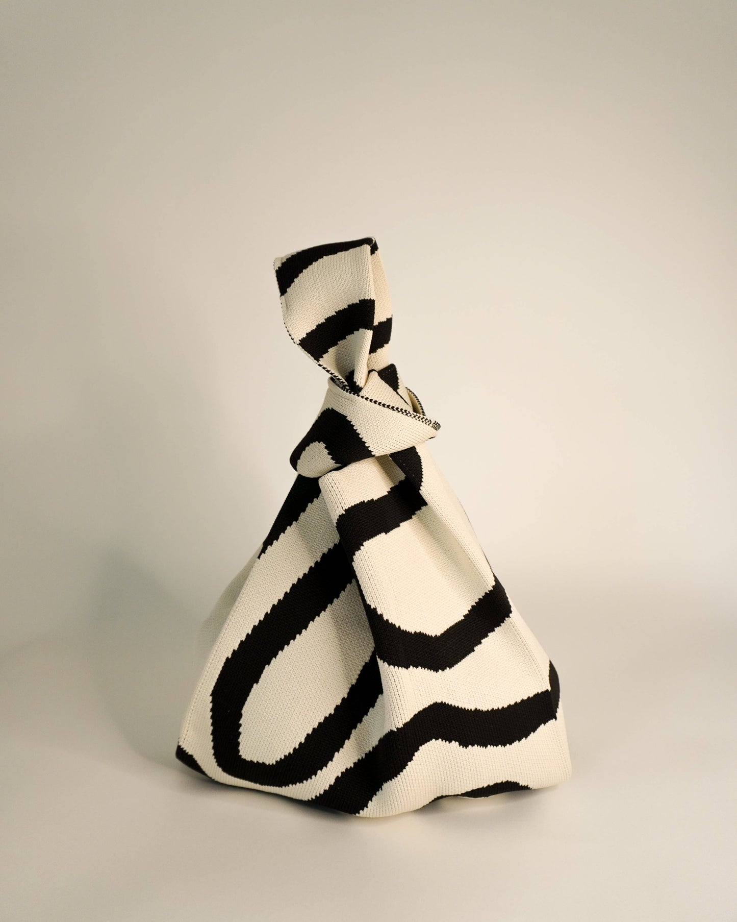 Black and white striped bag on a light gray background