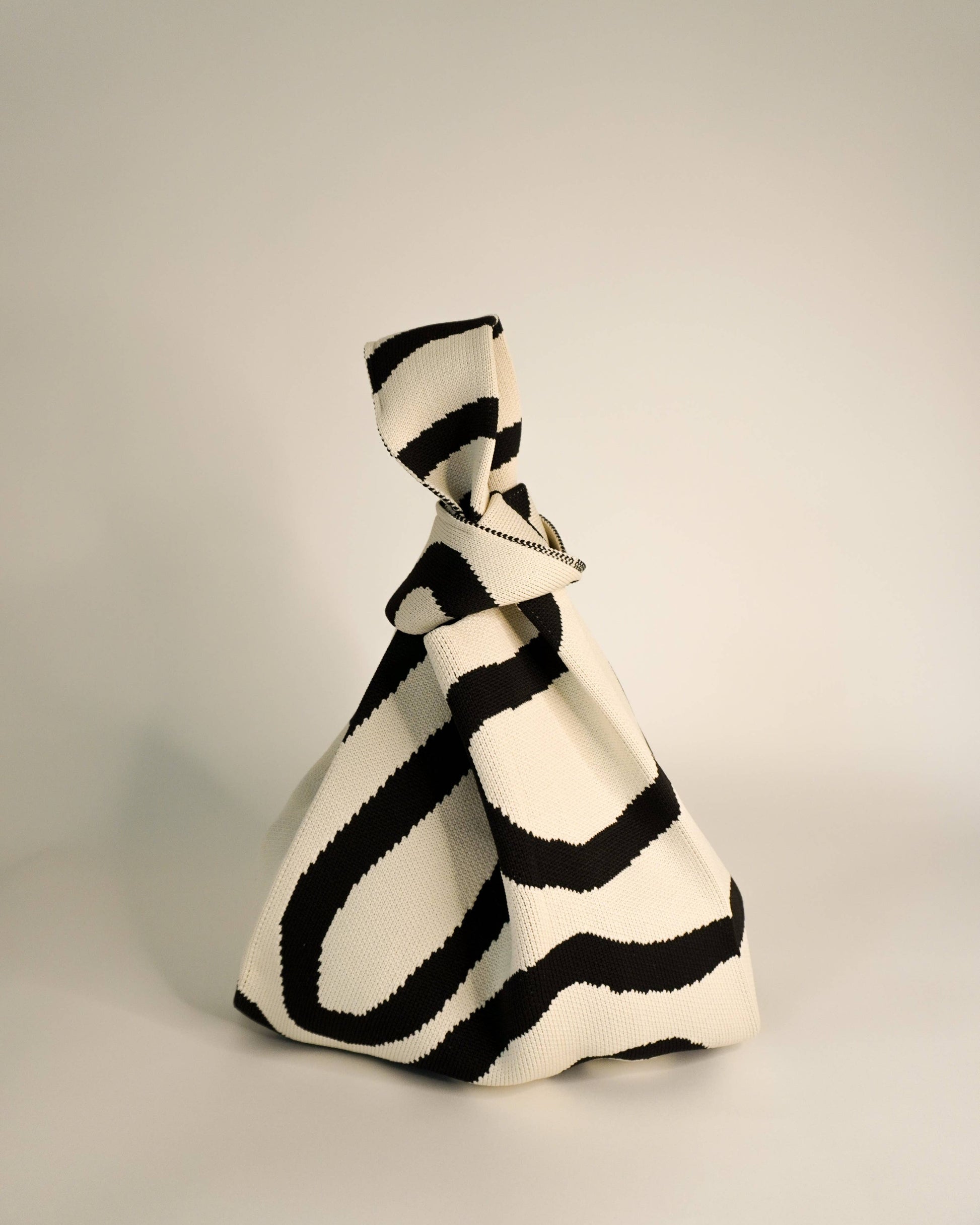 Black and white striped bag on a light gray background