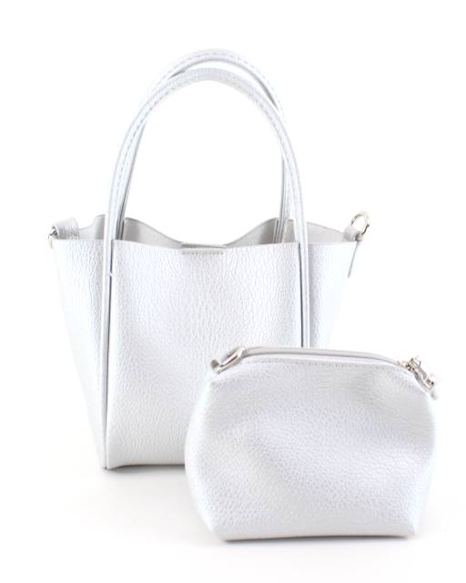 White handbag with matching pouch on a white background