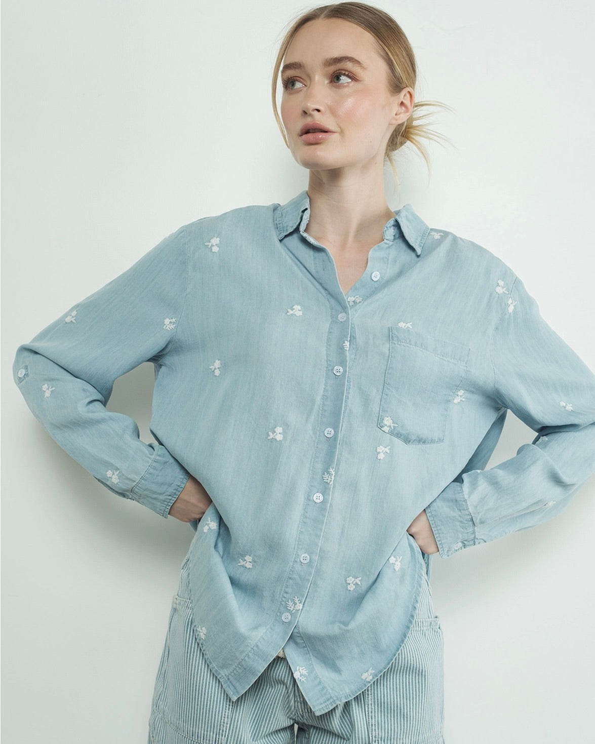 Flower Embroidered Chambray Shirts