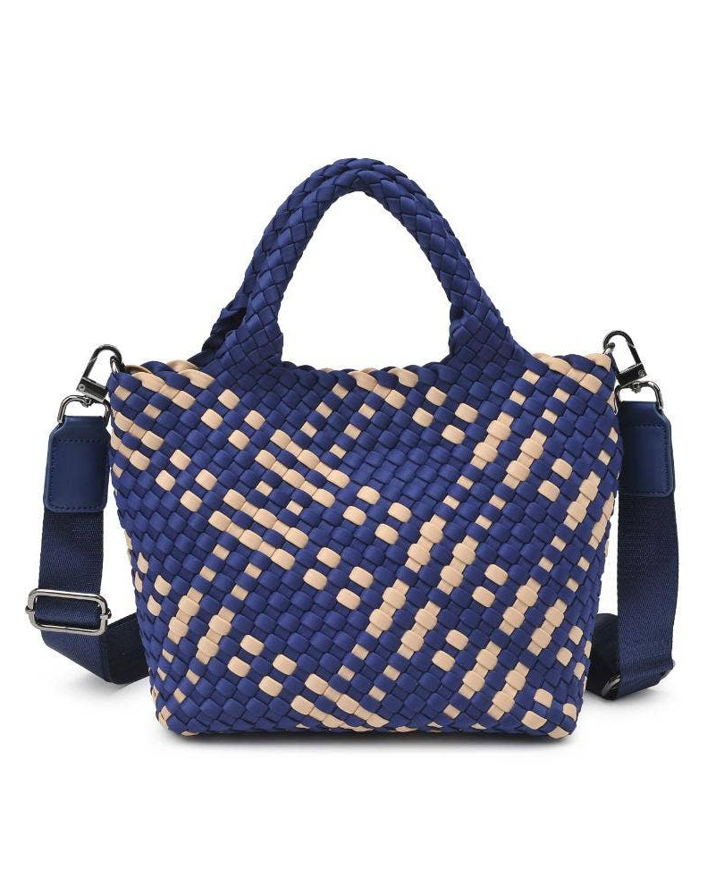 Blue and beige woven handbag with a strap on a white background