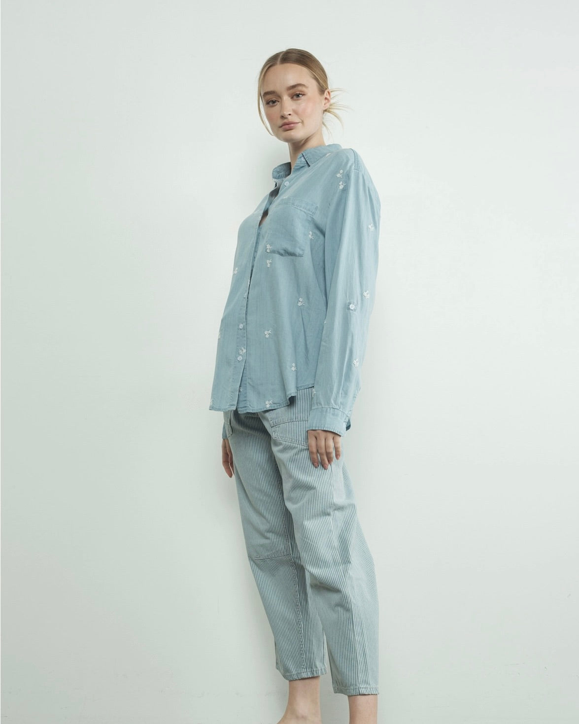 Flower Embroidered Chambray Shirts