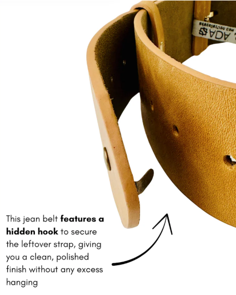 Close-up of a brown leather belt with a hidden hook feature on a white background