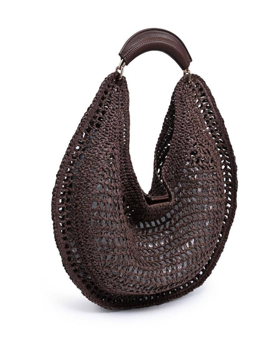 Brown woven handbag with a wooden handle on a white background