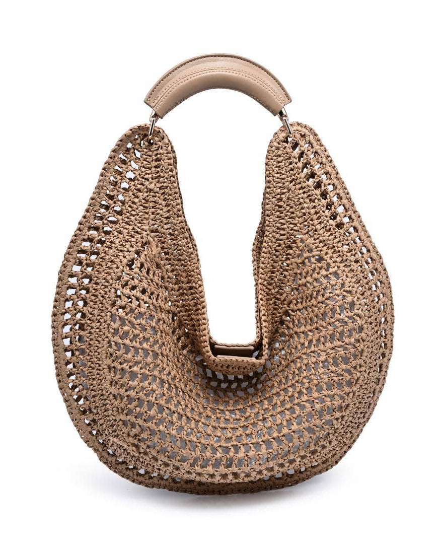 Brown woven handbag with a beige handle on a white background