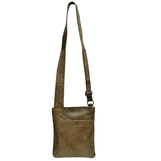 Brown leather crossbody bag on a white background