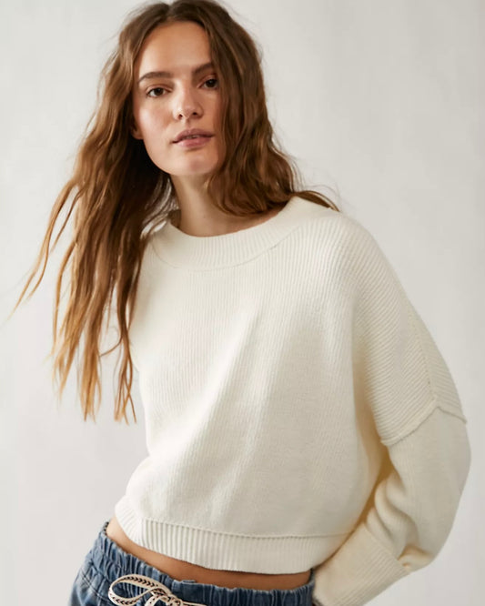 Model wearing the Free People Easy Street Crop Sweater in Moonglow with a white background.