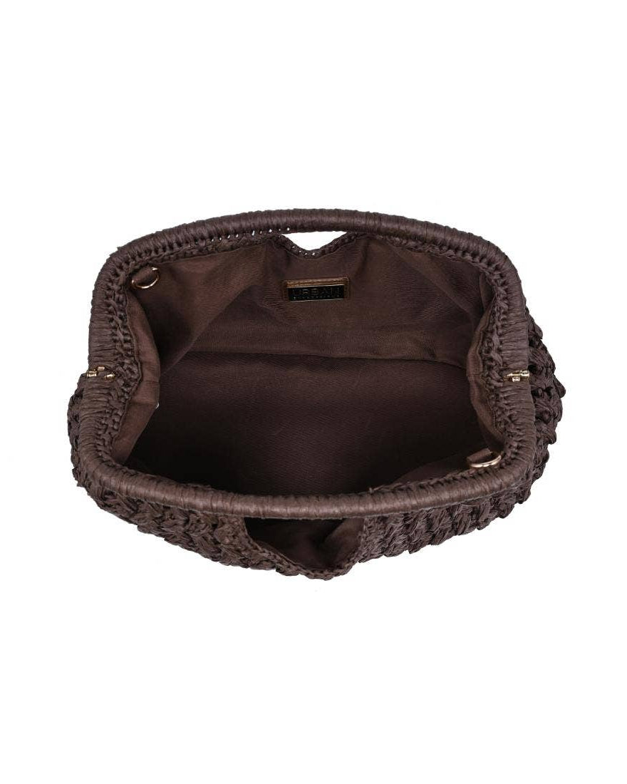 Brown textured handbag on a white background