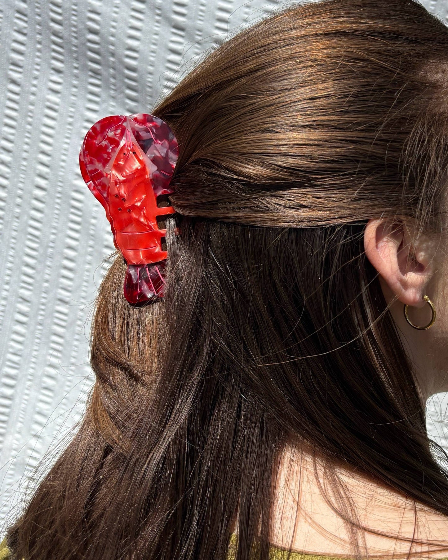 Close-up of a person's hair with a red lobster hair clip against a textured white background
