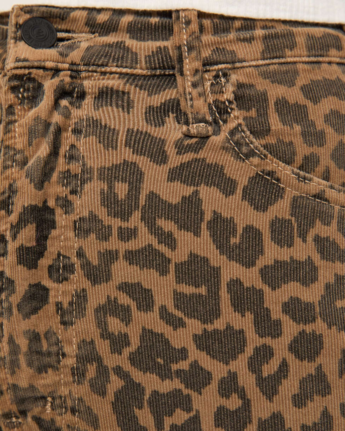 Close-up of leopard print fabric with stitching details