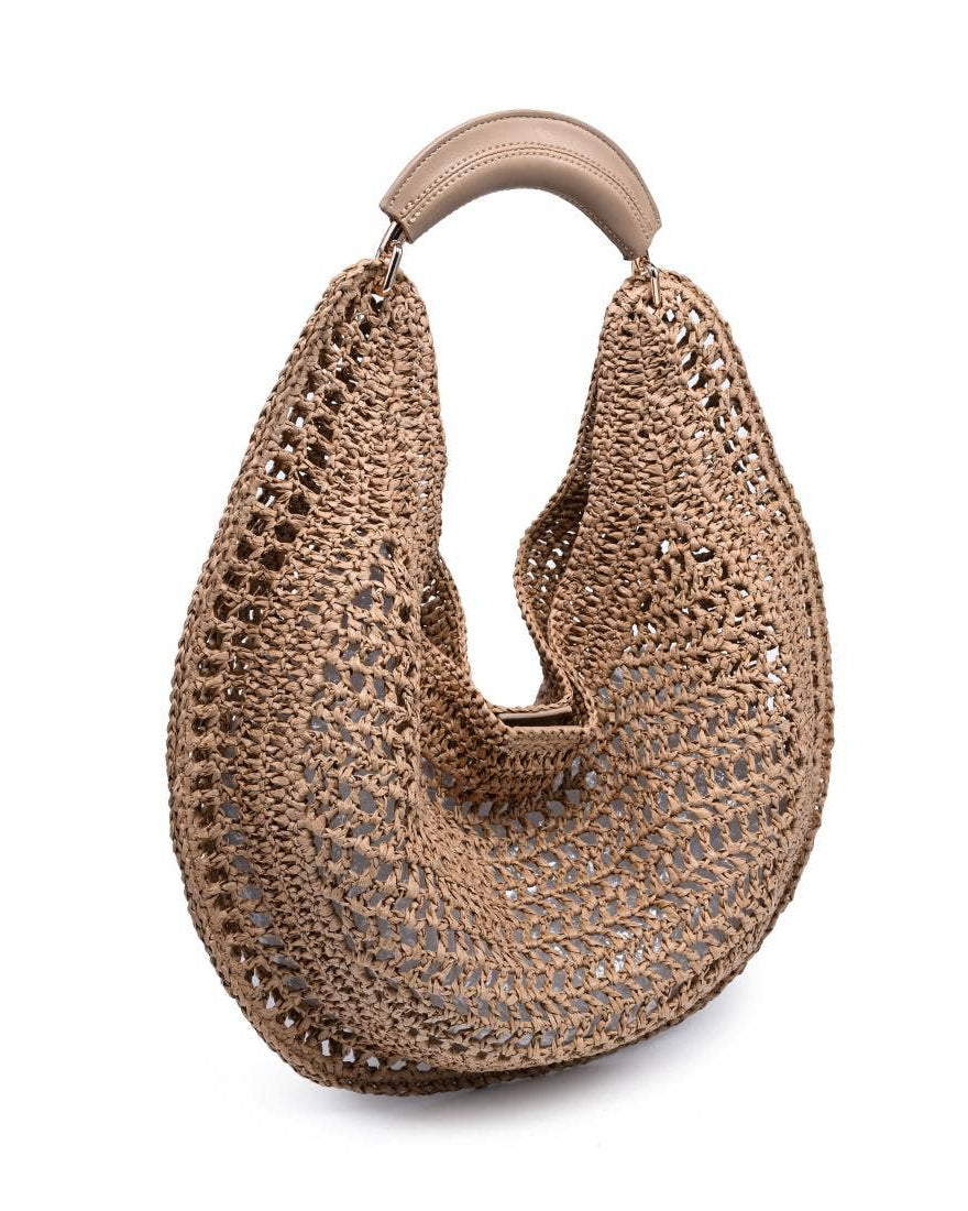 Brown woven handbag with a beige handle on a white background