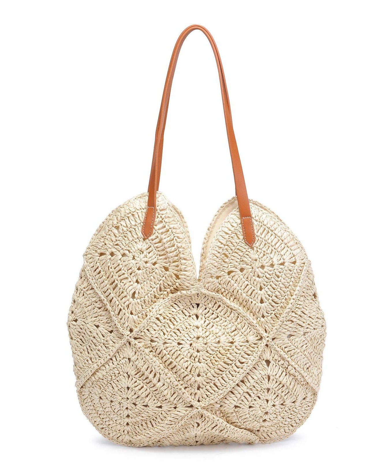 Beige woven handbag with a brown handle on a white background