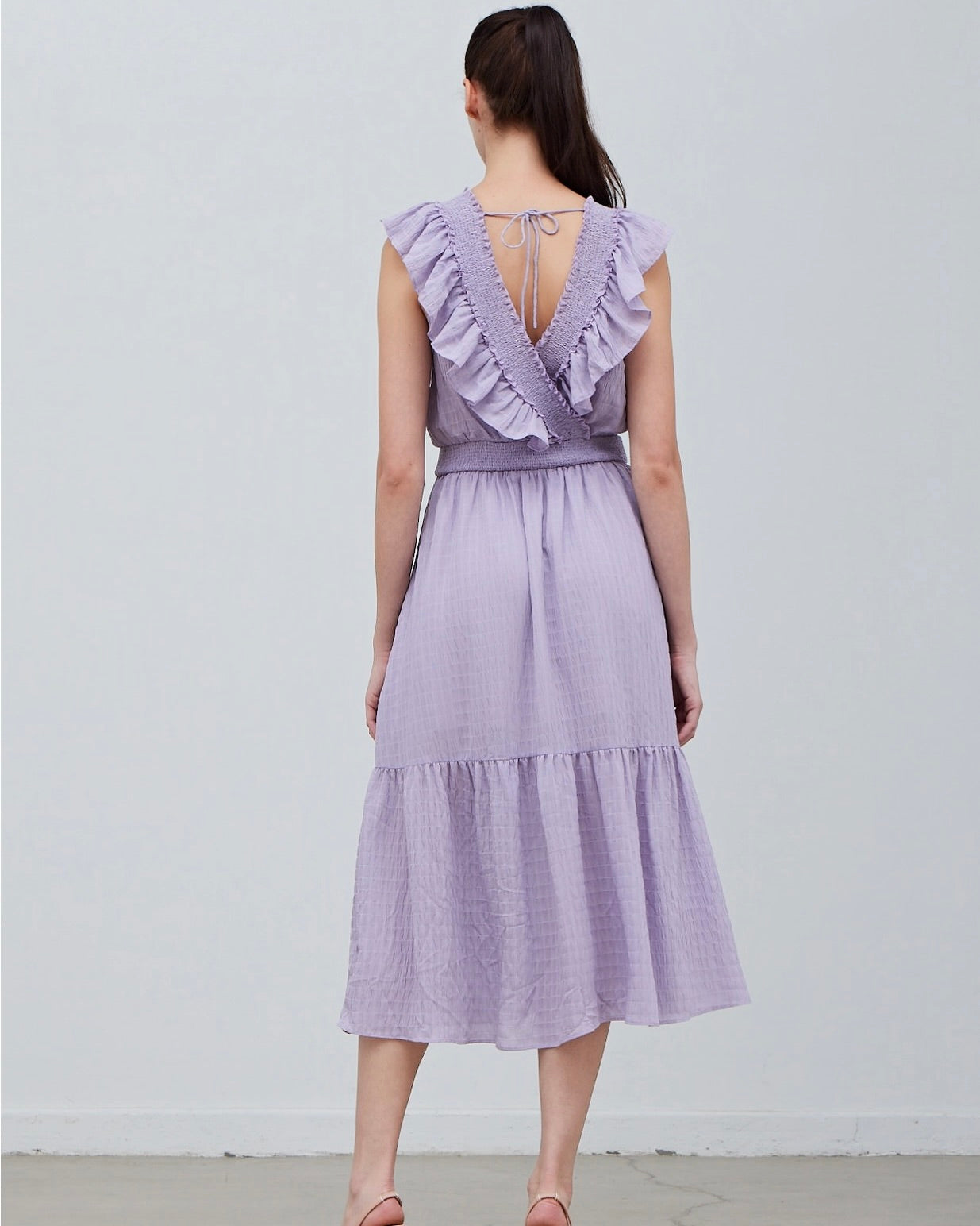 Grade & Gather Smocked Lavender Midi Dress on a white background