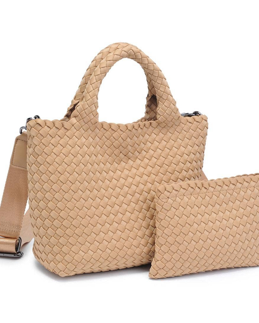 Beige woven handbag with matching pouch on a white background