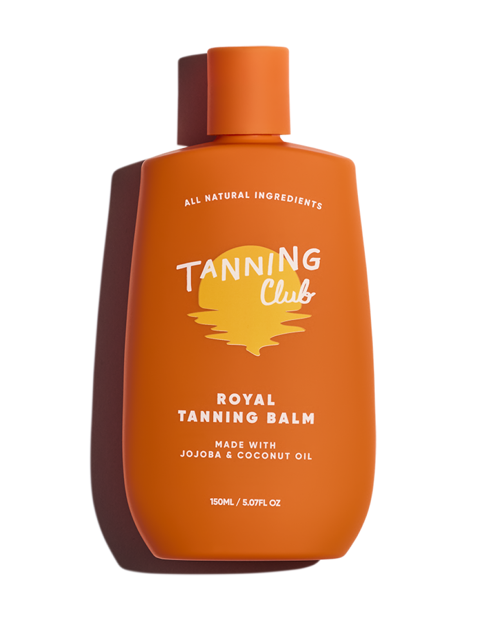 Orange bottle of Tanning Club Royal Tanning Balm on a white background