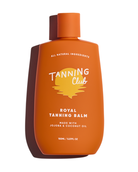 Orange bottle of Tanning Club Royal Tanning Balm on a white background