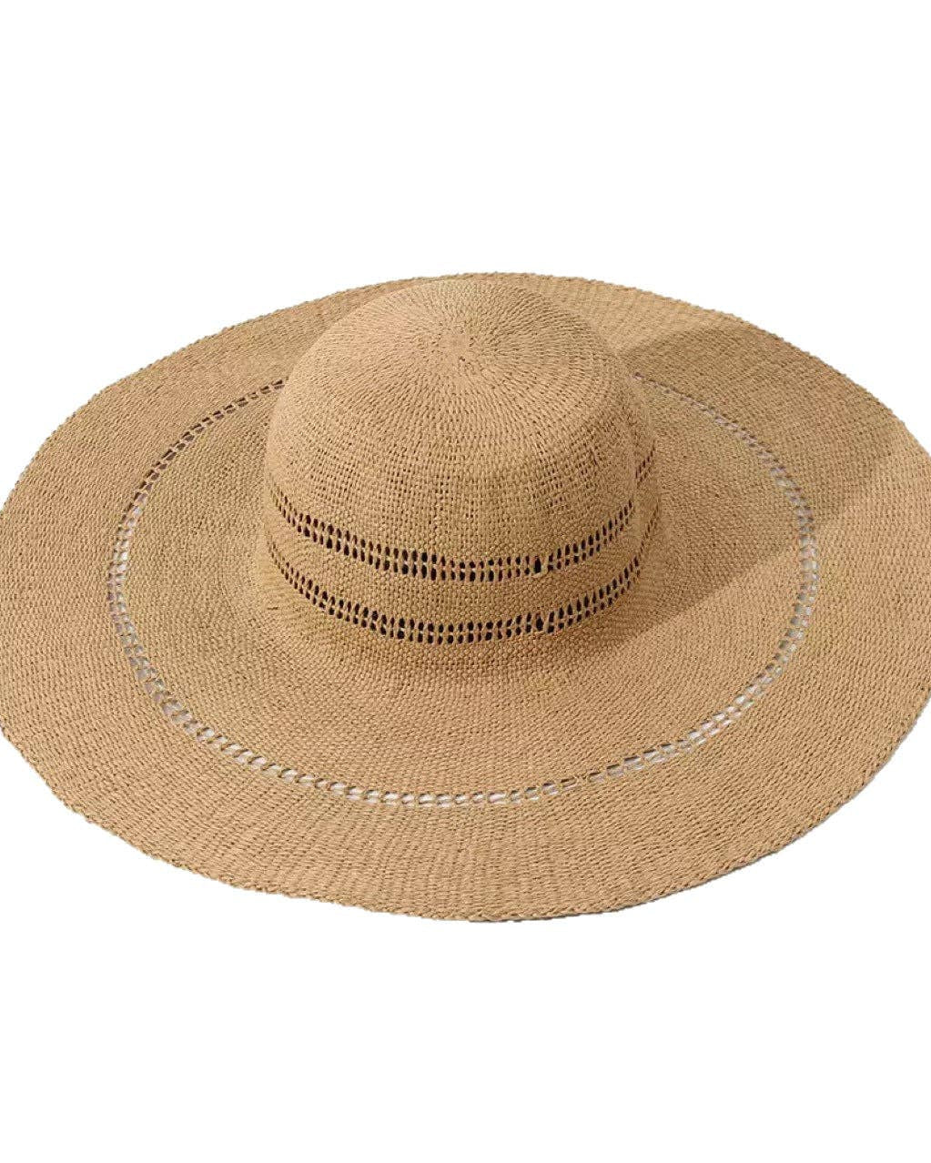 Beige straw hat with wide brim on a white background