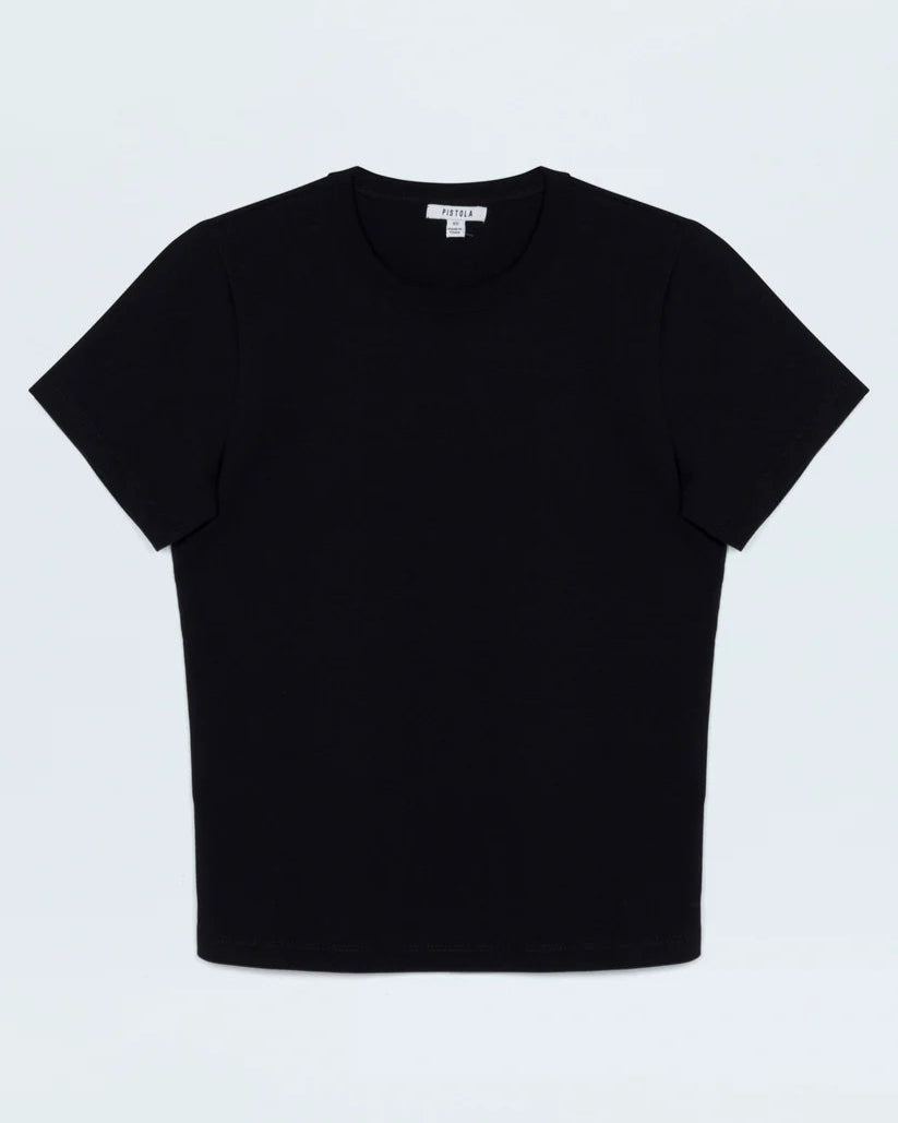Black t-shirt on a light gray background