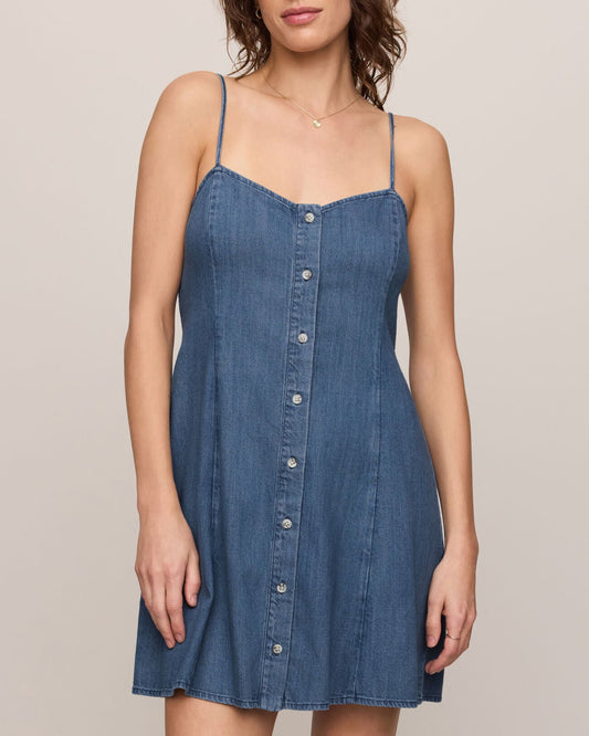 Woman wearing a blue denim dress against a plain background