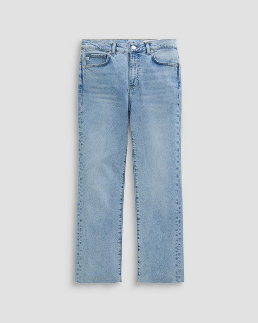 Light wash blue denim jeans with decorative embroidered or stitched detailing running down the front of each leg, shown flat against a light gray background.